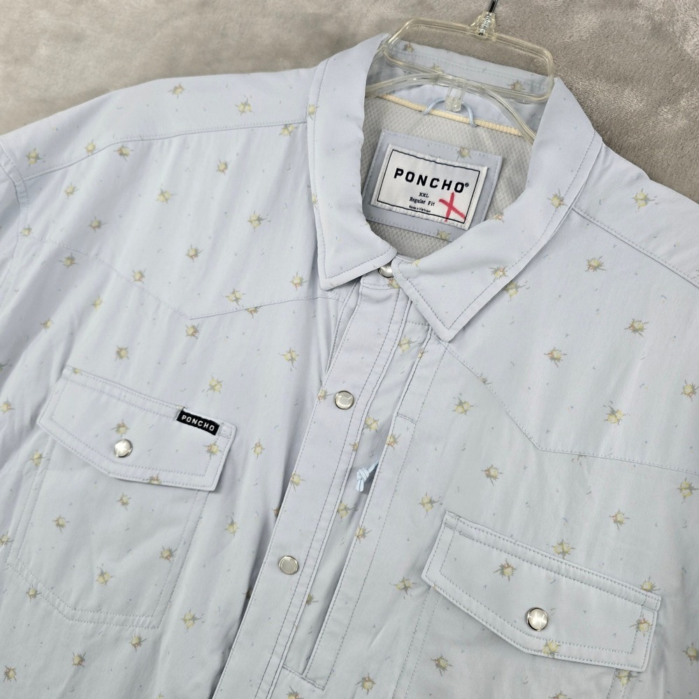 Poncho Western Shirt Mens XXL Blue Sun Print Short Sleeve Pearl Snap Performance